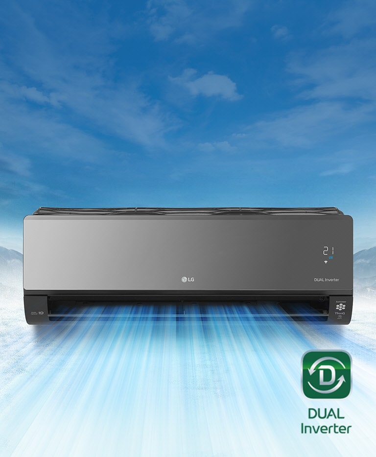 En el fondo aparece un paisaje montañoso nevado. La vista frontal del aire acondicionado está en primer plano y el aire sale de la máquina. El logotipo de LG está en el centro de la máquina con los logos Dual Inverter, ThinQ y Dual Inverter 10 Year Warranty son visibles en los lados de la parte frontal. El panel de calidad del aire se ilumina en verde en el lado derecho. El logotipo de Dual Inverter está en la parte inferior derecha del vídeo.