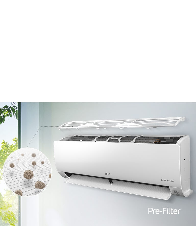 The LG air conditioner is installed on the wall and seen from the side angle. The top panel is flaoting above see the inner filters can be seen. A line from the pre-filter leads out to a magnified circle showing the dust caught in the pre-filter. The Pre-Filter logo is shown in the bottom right corner.