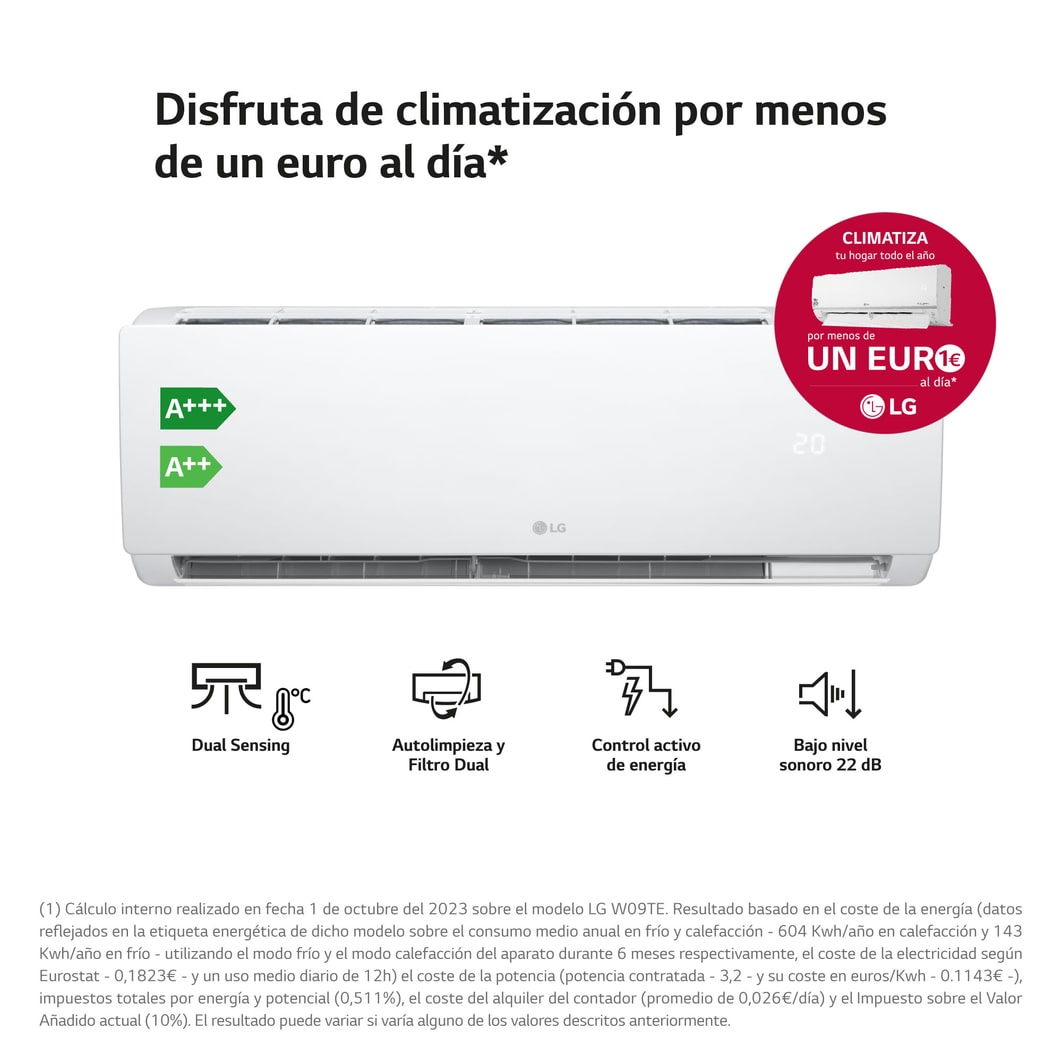 LG BASE 09: Aire Acondicionado A++/A+++, Autolimpieza, Filtro Dual, 22 dB, LGBASE09.SET
