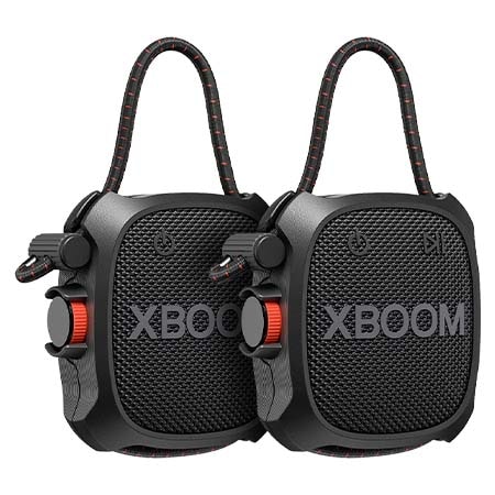 Vista frontal de LG xboom XG2TBK - Altavoz inalámbrico, bluetooth, 5W, hasta 10h batería, resistencia militar, IP67, Negro XG2TBK.ESB
