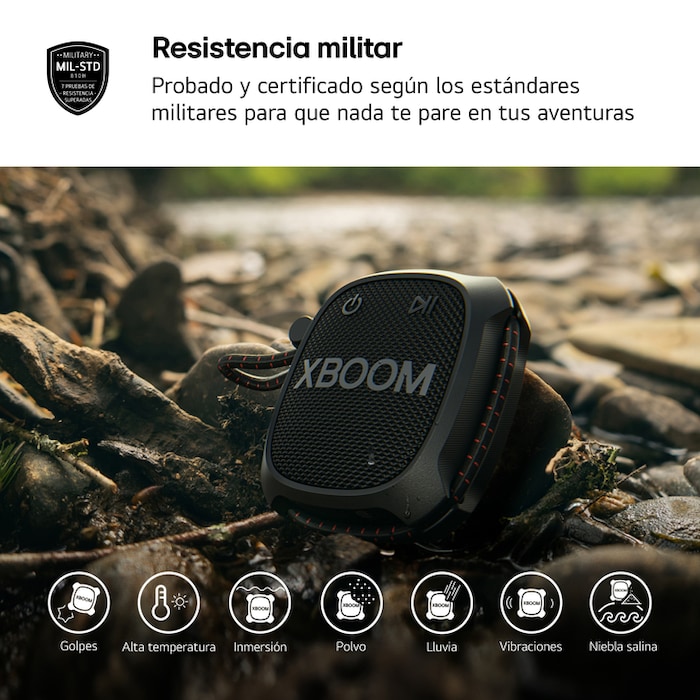 LG xboom XG2TBK - Altavoz inalámbrico, bluetooth, 5W, hasta 10h batería, resistencia militar, IP67, Negro, XG2TBK