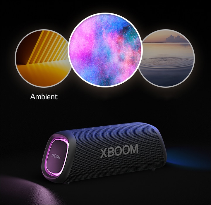 Imagen del altavoz LG XBOOM Go XG5 colocado en el suelo. En la parte superior de la imagen se muestran tres modos de reproducción: Ambiente, Fiesta, Naturaleza.