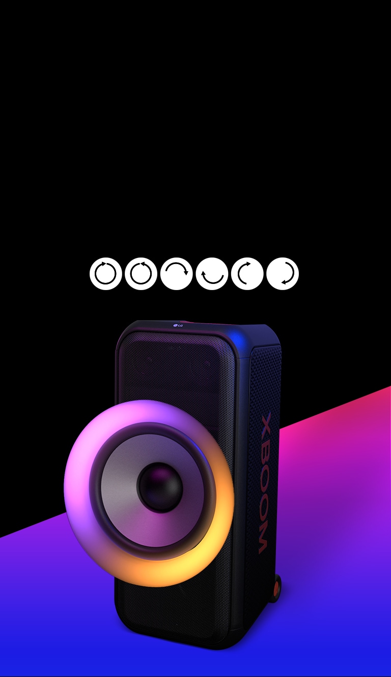 El texto se coloca en la zona de color negro, y se muestra el pictograma de los movimientos de la iluminación de anillo multicolor: en el sentido de las agujas del reloj, en sentido contrario, semicírculo superior e inferior, semicírculo izquierdo y derecho, y efecto flash. El altavoz está situado en un ángulo de 45 grados a la izquierda. Y hay un área de color degradado púrpura debajo con fines de diseño. El woofer de 8 pulgadas está exagerado para resaltar sus distintos colores.