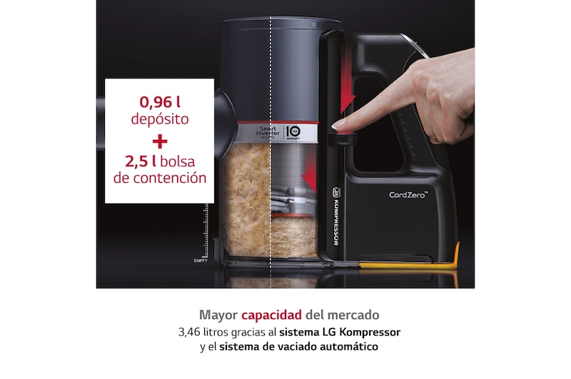 LG Aspirador escoba LG All-in-One Kompressor 210W de succión, sistema de autovaciado, doble batería y sistema de compresión de polvo, A9T-ULTRA2C