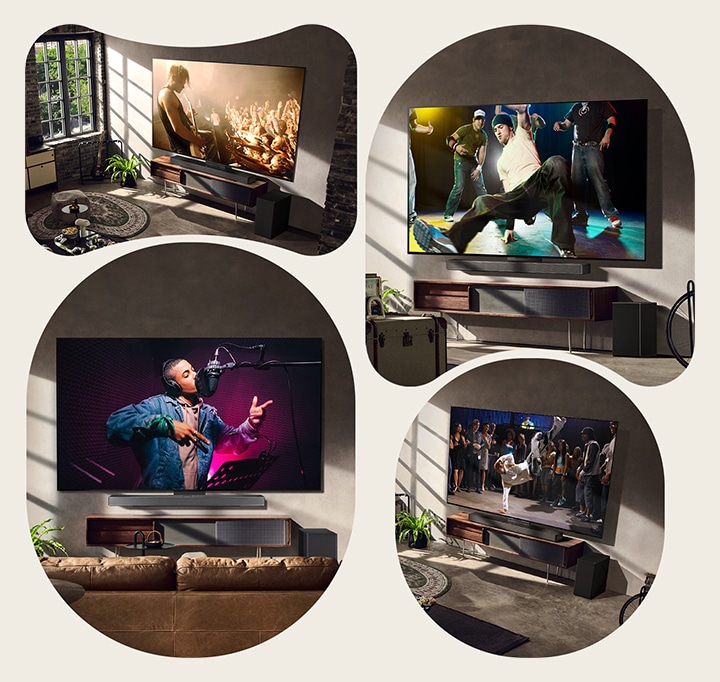 Se ven imágenes de tres estilos de vida diferentes. De arriba abajo: tres hombres disfrutan del vídeo de un concierto en el salón. Hay un LG TV en la pared que muestra una escena de grabación de música, y el LG TV en la pared que muestra una escena de break dance en una vista diagonal.