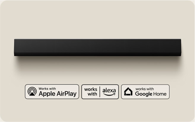 Una perspectiva aérea de una barra de sonido LG. Logotipo de Apple AirPlay Logotipo de Amazon Alexa Logotipo de Google Home