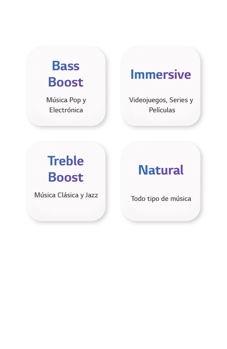 Cuatro nombres de ecualizador, Bass boost, Immersive, Treble boost y Natural, están marcados en un botón cuadrado blanco.