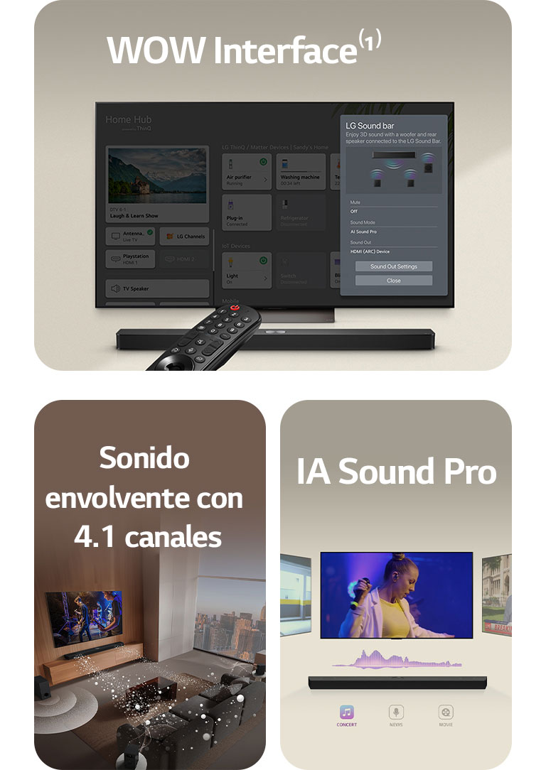 El mando a distancia LG Remote está apuntando hacia un televisor LG TV que tiene una LG Soundbar debajo. Un televisor LG TV muestra el menú de la Interfaz WOW en pantalla.  Imagen de una LG Soundbar, un televisor LG TV y un subwoofer reproduciendo una actuación musical en un salón. Dos ramas de ondas blancas creadas por gotas representan las ondas de sonido que salen desde la Soundbar y del subwoofer para crear un efecto sonoro desde abajo.  LG Soundbar con tres pantallas de televisor diferentes arriba. Una muestra una película, otra un concierto y la otra las noticias. Debajo de la Soundbar hay tres iconos que indican cada uno de los géneros.