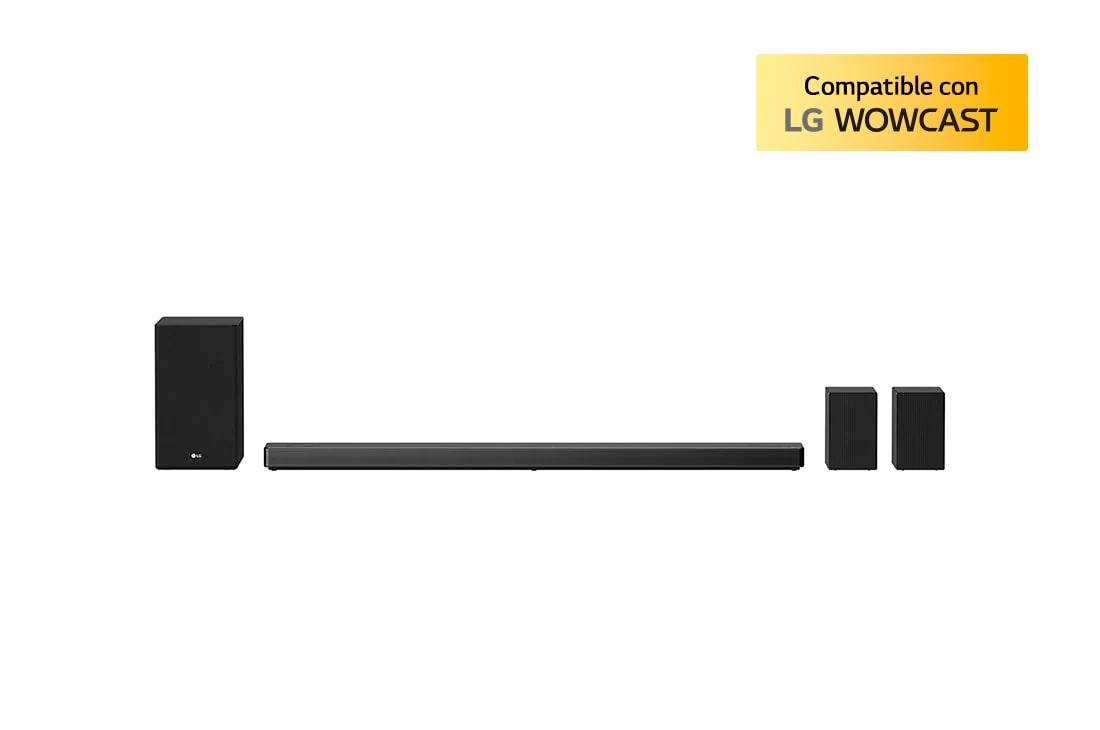 Vista frontal de SN11RG. Barra de sonido Hi-Res con Dolby Atmos, 770W de potencia, Asistente de Google, Chromecast integrado, subwoofer inalámbrico, Wifi y Bluetooth con tecnología Meridian. SN11RG