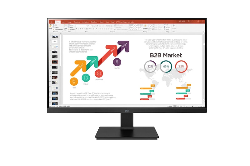 Vista frontal de LG 27BL650C-B - Monitor Corporativo (Panel IPS: 1920 x 1080px, ratio 16:9, 250 cd/m², 1000:1, 75Hz, 5ms) ; entr: HDMI x1, DP x1, USB-A x2, USB-C x1 ; Regulable en altura e inclinación, pivotable y giratorio 27BL650C-B