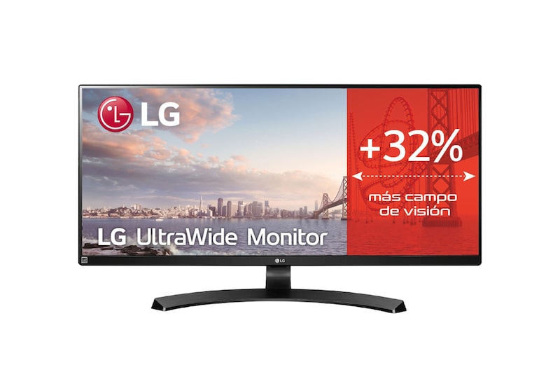 Vista frontal de LG 34WL750-B - Monitor Ultrapanoramico 21:9 LG UltraWide (Panel IPS: 3440x1440, 300cd/m², 1000:1, sRGB >99%); diag. 86,7cm; entr.: HDMIx2, DPx1; Ajust. en altura e inclinación 34WL750-B