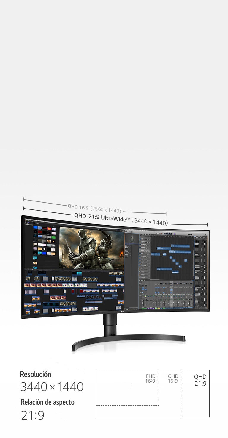La pantalla QHD 21:9 (3440 x 1440) es 2,4 veces más ancha que la pantalla Full HD 16:9 (1920 x 1080), y proporciona 880 ppp más que QHD 16:9 (2560 x 1440).