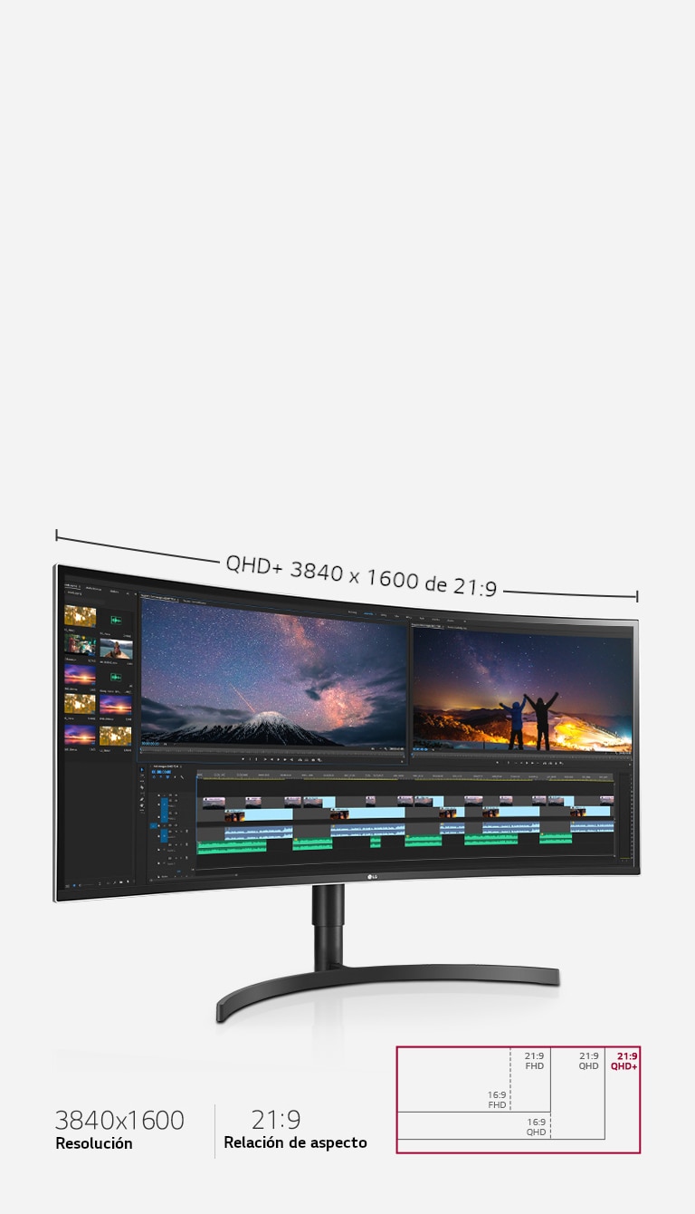 La pantalla QHD+ de 21:9 (3840 x 1600) proporciona una pantalla 3 veces más ancha que la de Full HD 16:9 (1920x1080).