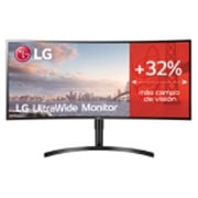 Vista frontal de LG 38WN75C - Monitor Ultrapanoramico 21:9 LG UltraWide (Panel IPS: 3840x1600, 300cd/m², 1000:1, sRGB&gt;99%, curvo); diag. 95,3cm; entr.: HDMIx2, DPx1, Thunderbolt™ 3; Ajust. en altura e inclinación. 38WN75C-B