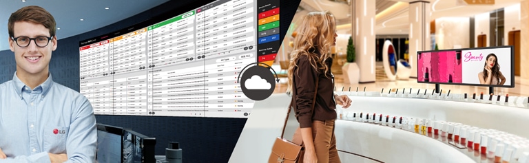 Pracownik LG zdalnie monitoruje ekran BH7N zainstalowany w miejscu pracy klienta przy użyciu opartego na chmurze systemu monitorującego LG o nazwie LG ConnectedCare.