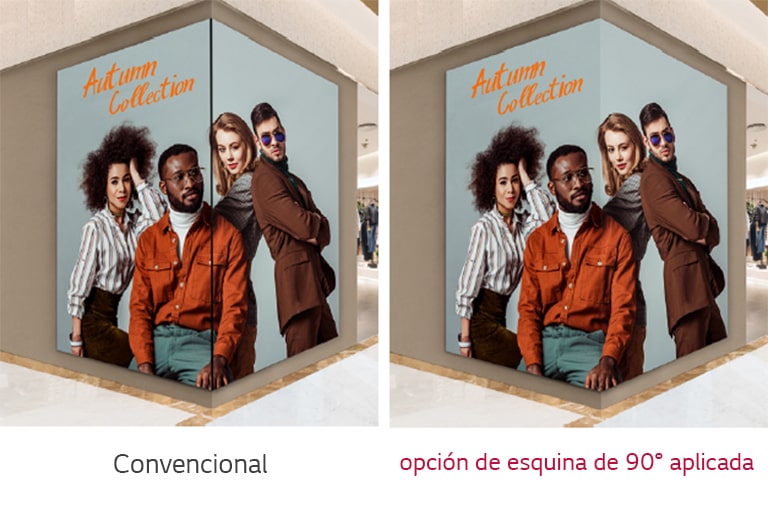 El contenido con la opción de esquina de 90° se muestra sin interrupciones, incluso cuando se instala en una esquina.