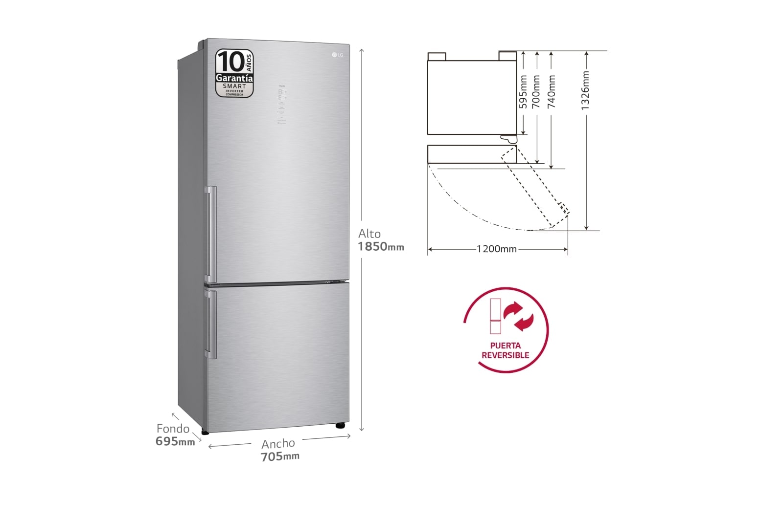 LG Frigorífico Combi Door Cooling  1,85m, Clasificación D, Acero  antihuellas, serie 70cm, GBB569NSAGB vista frontal ladeada, GBB569NSAGB