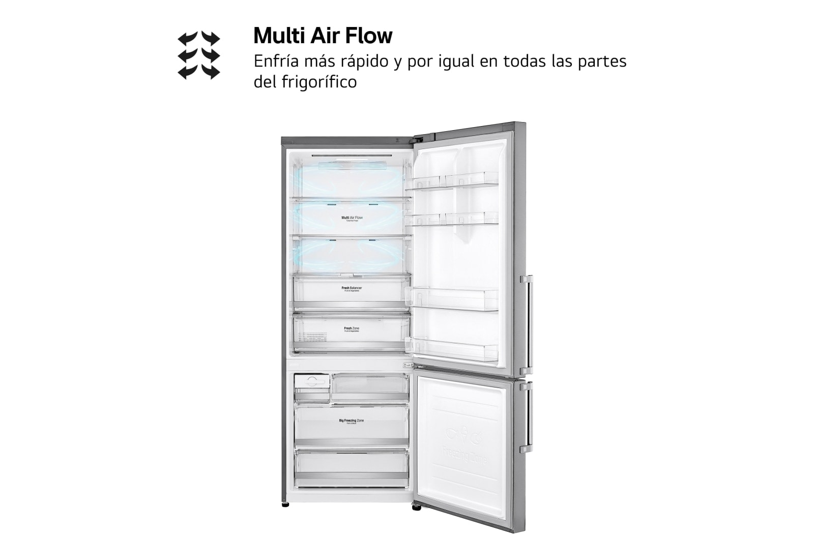 LG Frigorífico Combi Door Cooling  1,85m, Clasificación D, Acero  antihuellas, serie 70cm, GBB569NSAGB vista frontal ladeada, GBB569NSAGB