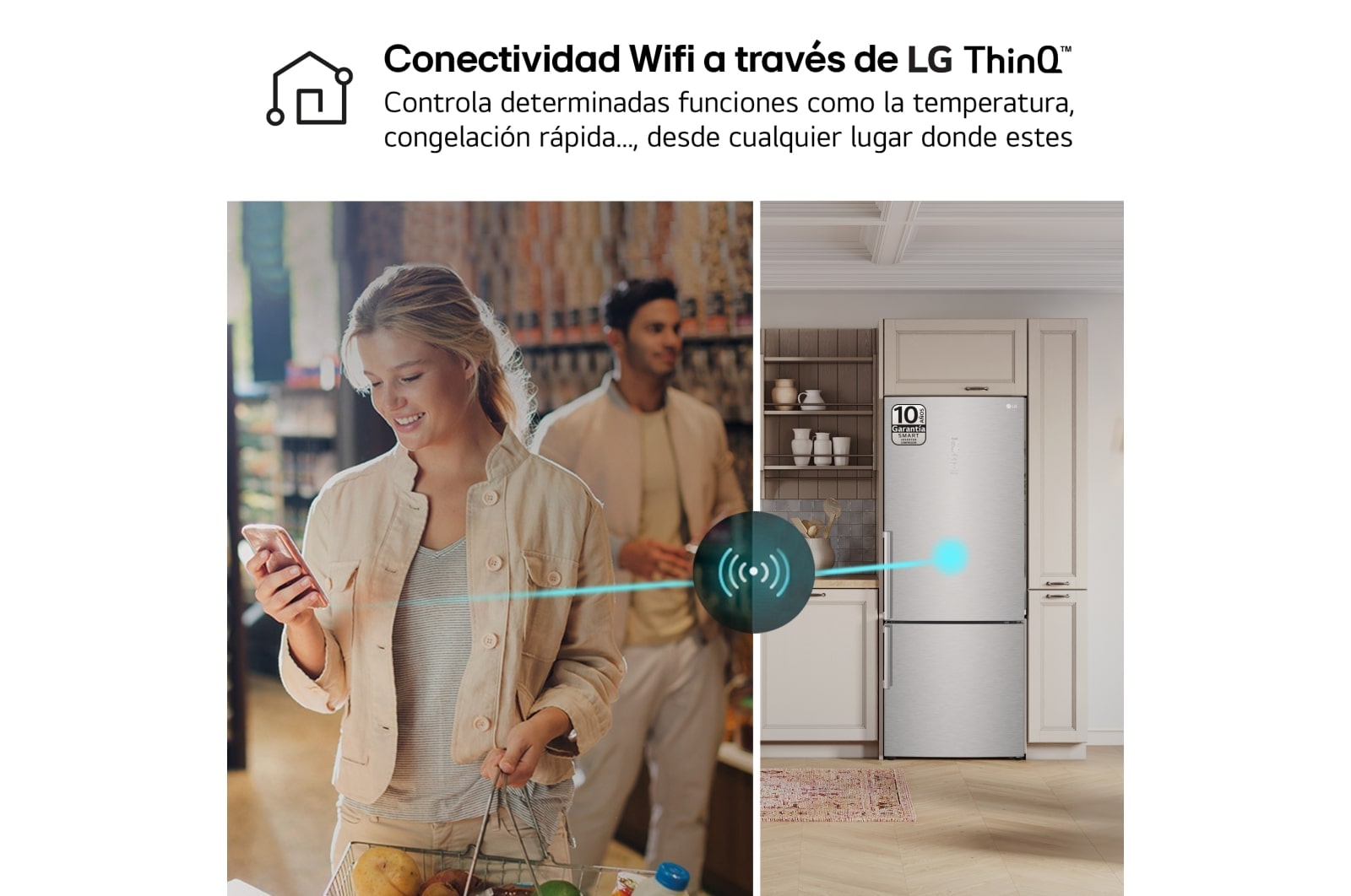 LG Frigorífico Combi Door Cooling  1,85m, Clasificación D, Acero  antihuellas, serie 70cm, GBB569NSAGB vista frontal ladeada, GBB569NSAGB