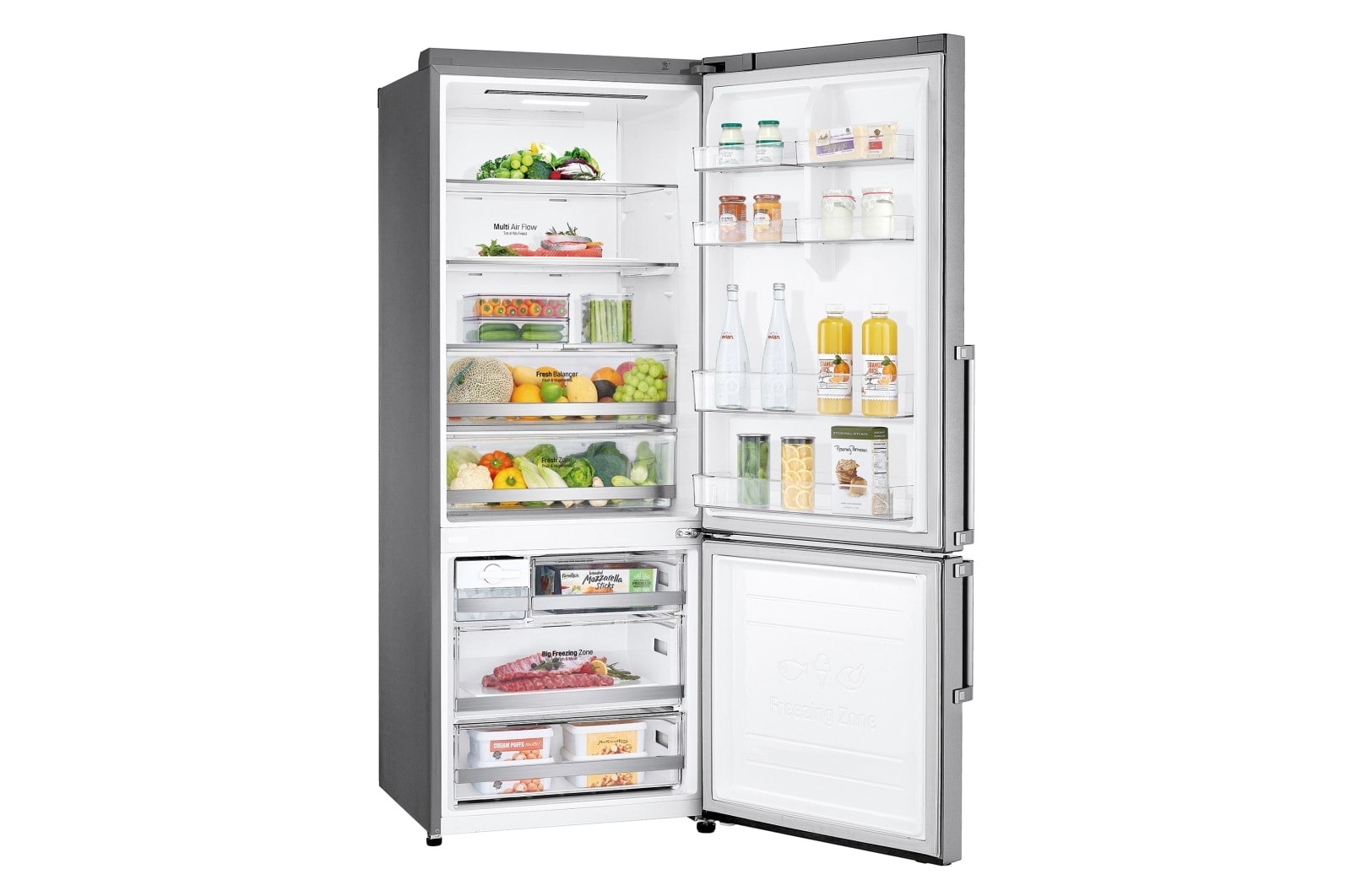 LG Frigorífico Combi Door Cooling  1,85m, Clasificación D, Acero  antihuellas, serie 70cm, GBB569NSAGB vista frontal ladeada, GBB569NSAGB
