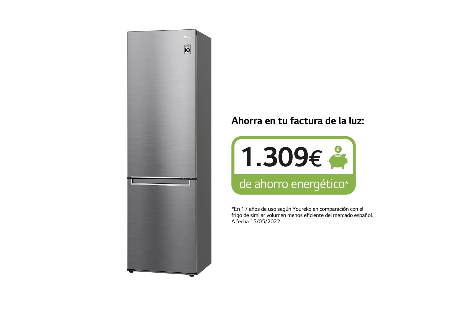 LG Frigorífico Combi  1,86m, Clasificación C, capacidad de 374l, Inox antihuellas, serie 600, GBB61PZGCN1