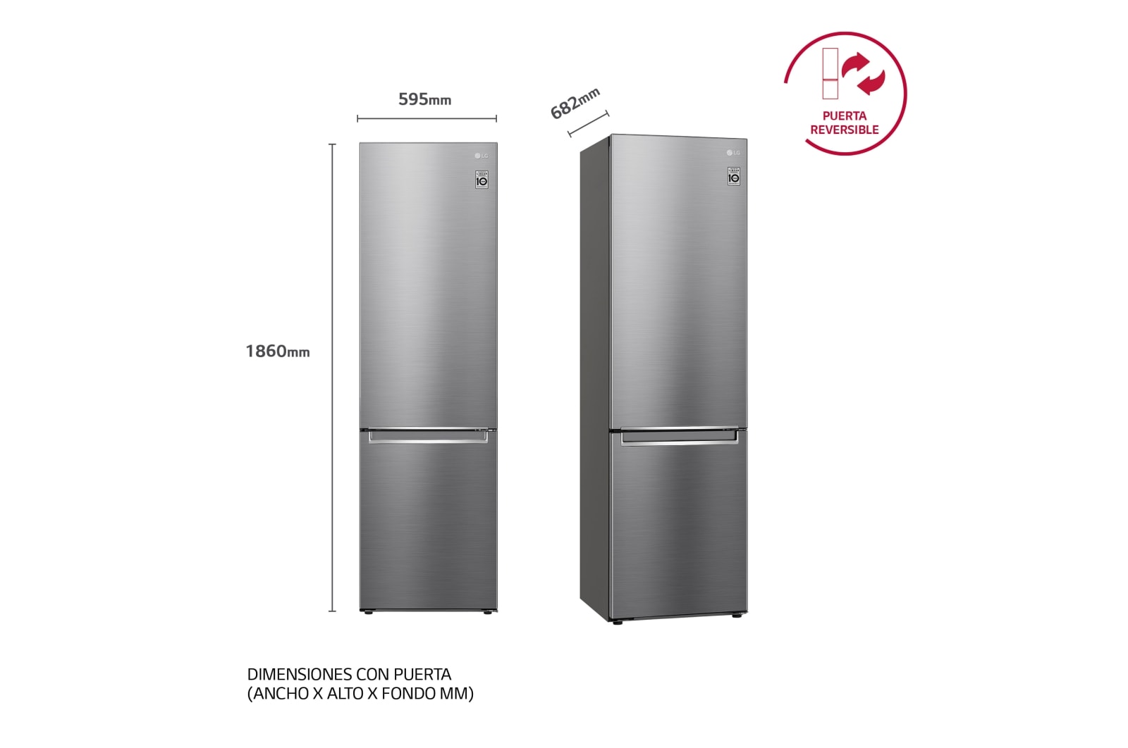 LG Frigorífico Combi  1,86m, Clasificación C, capacidad de 374l, Inox antihuellas, serie 600, GBB61PZGCN1