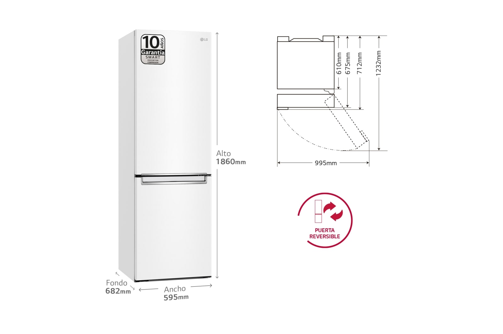 LG Frigorífico Combi 1,86m, Clasificación C, capacidad de 374l, Blanco, serie 600, GBB61SWGCN1