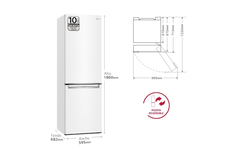 LG Outlet Frigorífico Combi 1,86m, Clasificación C, capacidad de 374l, Blanco, serie 600, GBB61SWGCN1.OUTLET