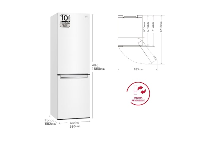 LG Outlet Frigorífico Combi 1,86m, Clasificación C, capacidad de 374l, Blanco, serie 600, GBB61SWGCN1.OUTLET