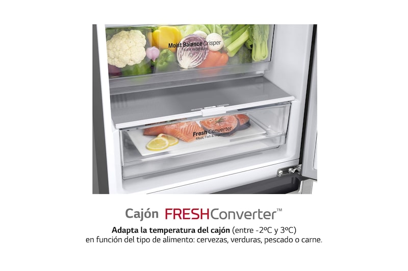 LG Frigorífico Combi 2m, Clasificación D, capacidad de 419l, Inox antihuellas, serie 600, GBB62PZFGN