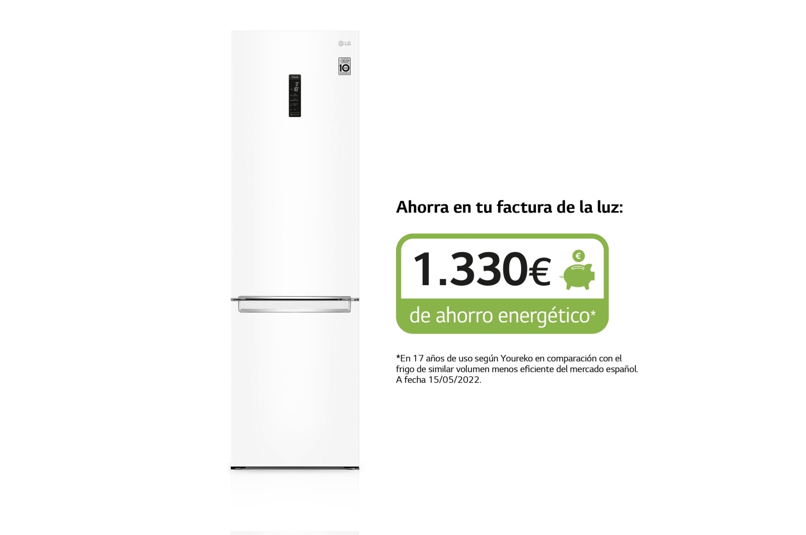 LG Frigorífico Combi 2m, Clasificación D, capacidad de 419l, Blanco, Serie 600, GBB62SWFGN