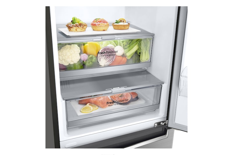 LG Frigorífico Combi, 1,86m, Clasificación E, capacidad de 374l, Inox Antihuellas, serie 700 , GBB71PZDMN