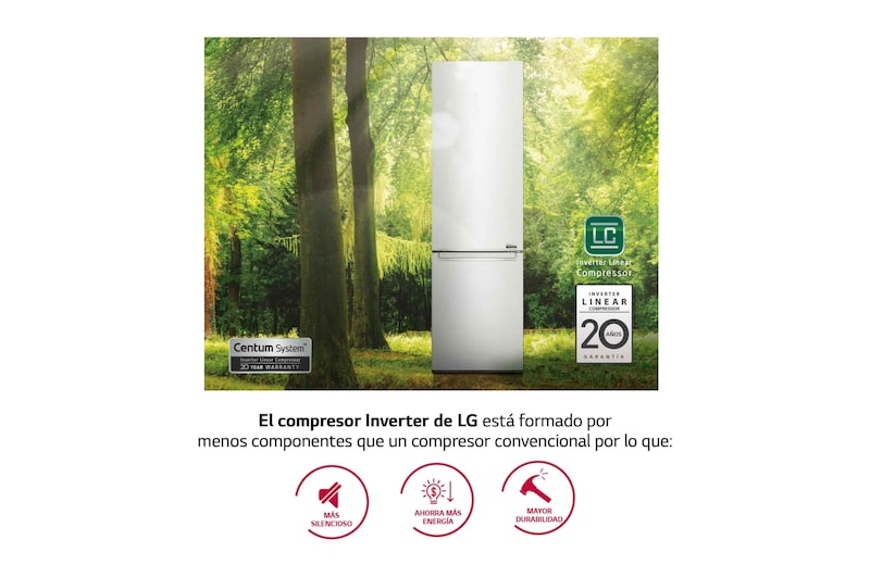 LG Frigorífico Combi, 2m, Clasificación C, capacidad de 419l, Acero inoxidable texturizado antihuellas, serie Centum, GBB92MBACP