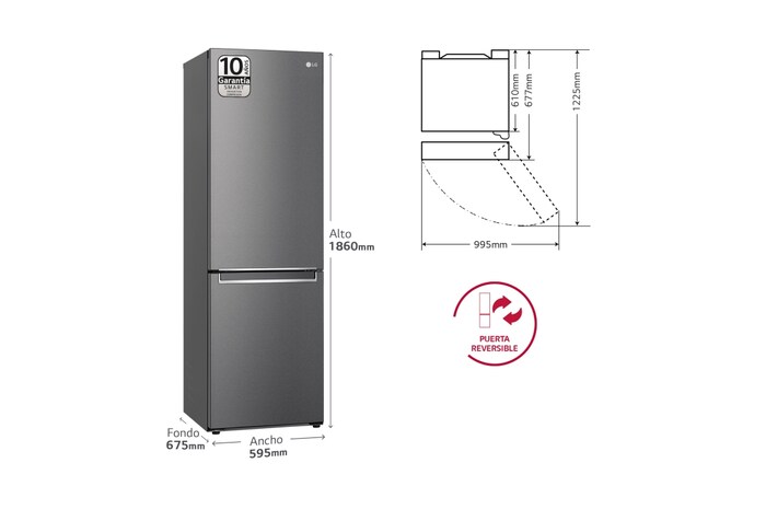 LG Outlet Frigorífico Combi, 1,86m, Clasificación E, capacidad de 374l, Inox Grafito Antihuellas, serie 3, GBP31DSLZN.OUTLET