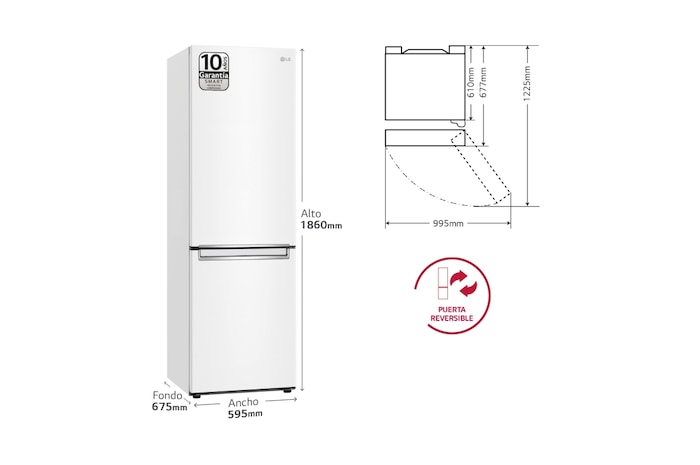 LG Outlet Frigorífico Combi LG GBP31SWLZN, 1,86m, E, capacidad de 374l, Blanco, serie 3, GBP31SWLZN.OUTLET