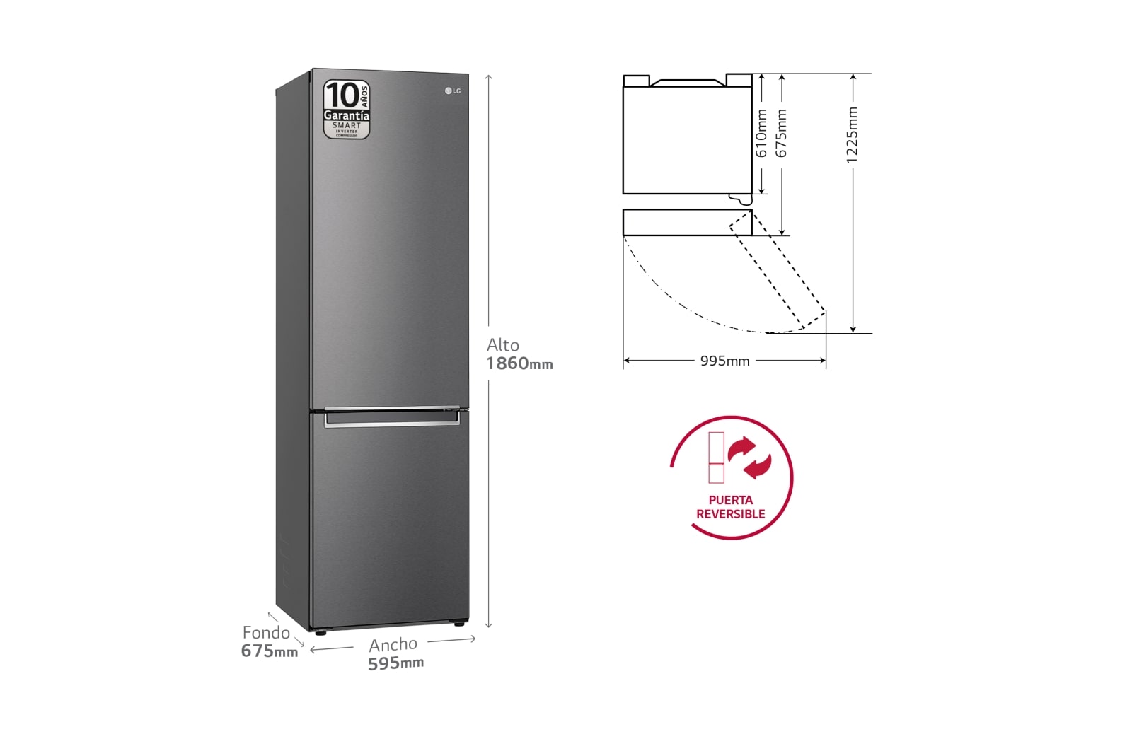 LG Outlet Frigorífico Combi LG GBP32DSLZN, 2,03m, A++, capacidad de 419l, Inox Grafito Antihuellas, serie 3, GBP32DSLZN.OUTLET