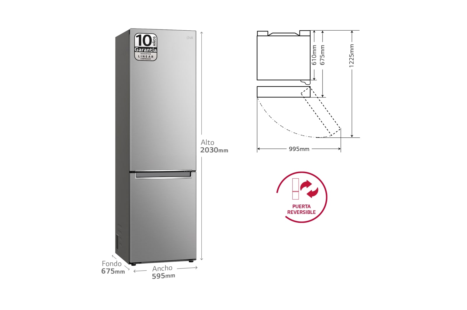 LG Frigorífico Combi Door Cooling+, 2m, Clasificación B, capacidad de 419l, Inox Antihuellas, Serie P500 , GBP52PYNBN