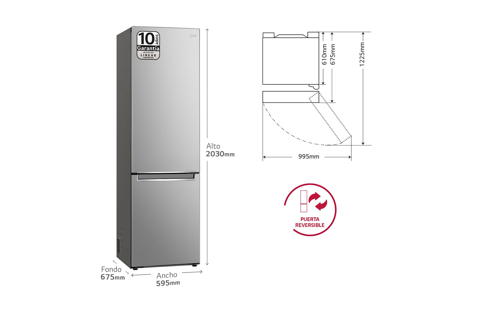 LG Frigorífico Combi Door Cooling+, 2,03m, Clasificación C, capacidad de 419l, inox antihuellas. Serie P500 , GBP52PZNCN1