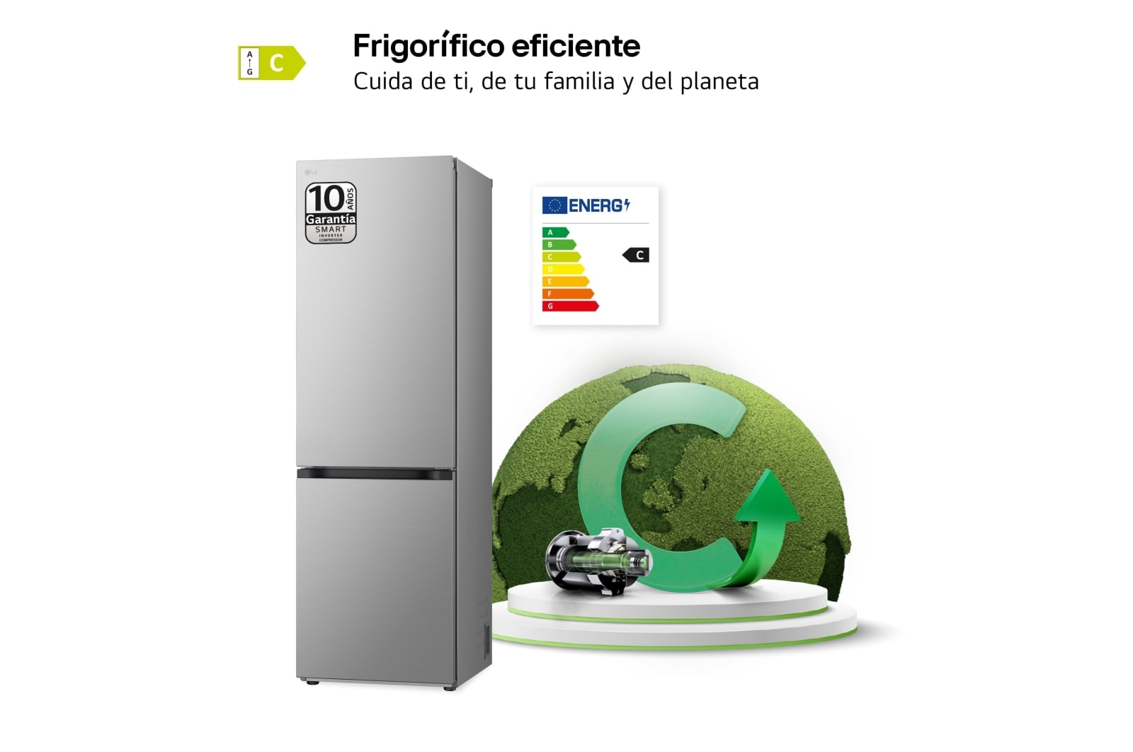 LG Frigorífico Combi Door Cooling+,  1,86m, Clasificación C, capacidad de 374l, inox antihuellas. Serie 300, GBV3100CPY vista frontal ladeada, GBV3100CPY