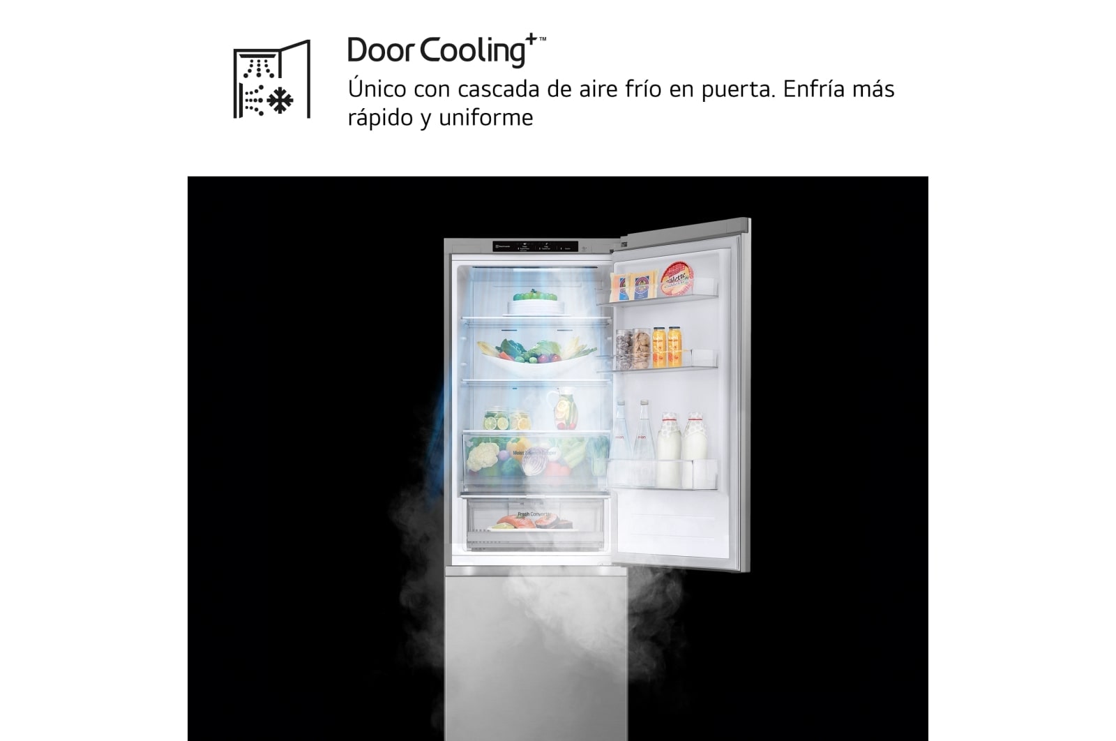 LG Frigorífico Combi Door Cooling+,  1,86m, Clasificación C, capacidad de 374l, inox antihuellas. Serie 300, GBV3100CPY vista frontal ladeada, GBV3100CPY