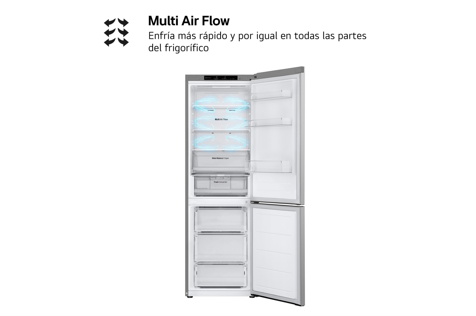 LG Frigorífico Combi Door Cooling+,  1,86m, Clasificación C, capacidad de 374l, inox antihuellas. Serie 300, GBV3100CPY vista frontal ladeada, GBV3100CPY