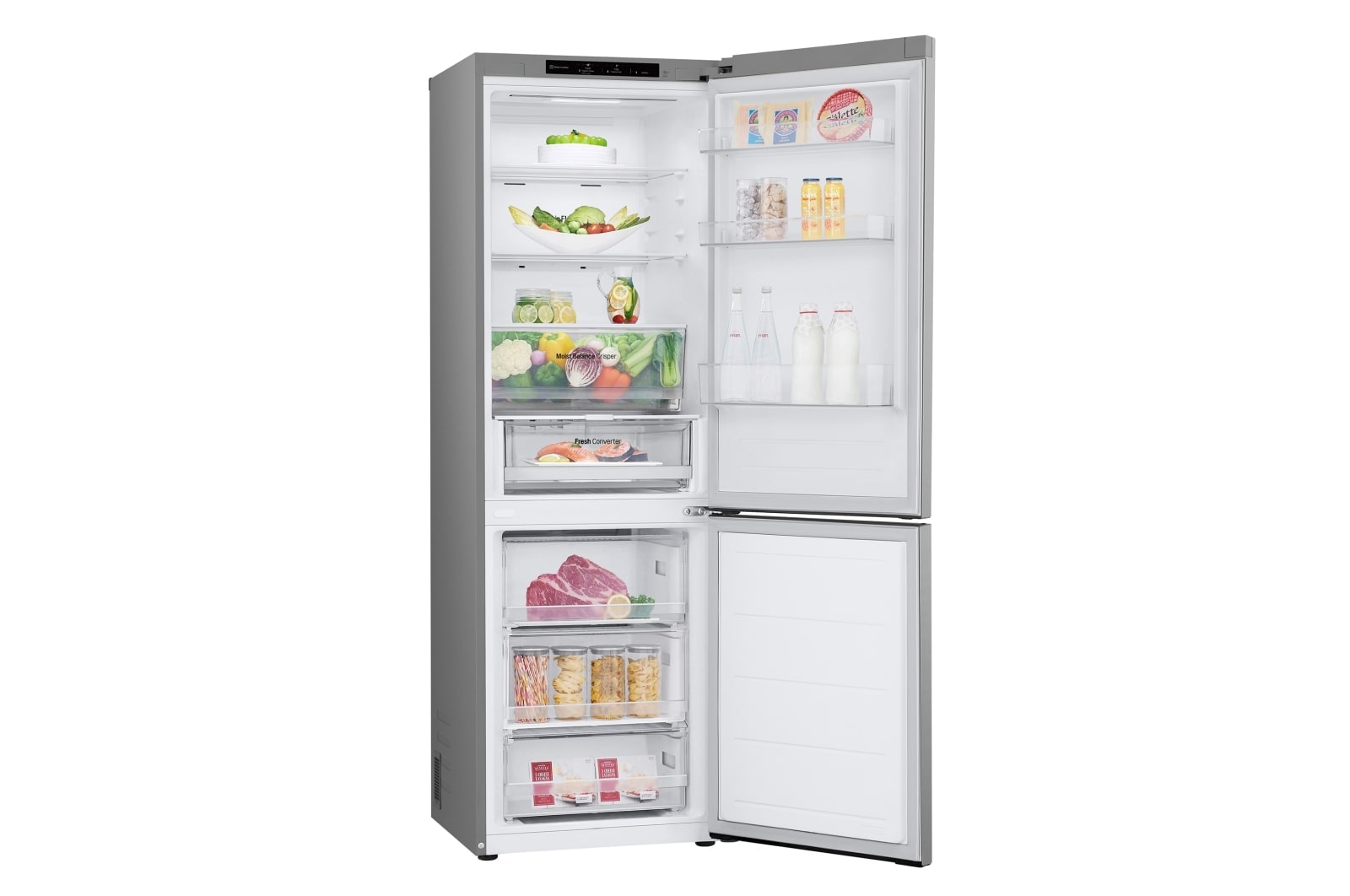 LG Frigorífico Combi Door Cooling+,  1,86m, Clasificación C, capacidad de 374l, inox antihuellas. Serie 300, GBV3100CPY vista frontal ladeada, GBV3100CPY