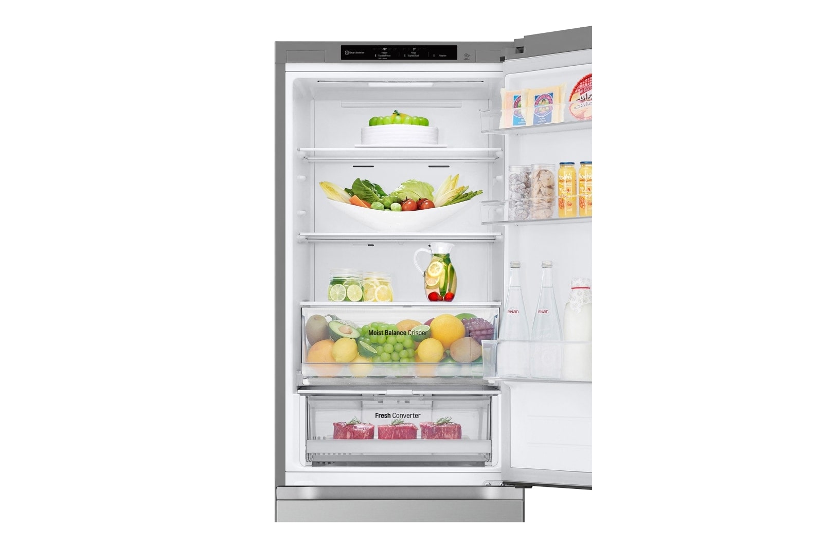 LG Frigorífico Combi Door Cooling+,  1,86m, Clasificación C, capacidad de 374l, inox antihuellas. Serie 300, GBV3100CPY vista frontal ladeada, GBV3100CPY