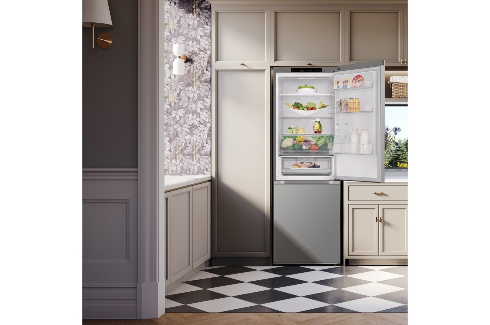 LG Frigorífico Combi Door Cooling+,  1,86m, Clasificación C, capacidad de 374l, inox antihuellas. Serie 300, GBV3100CPY vista frontal ladeada, GBV3100CPY