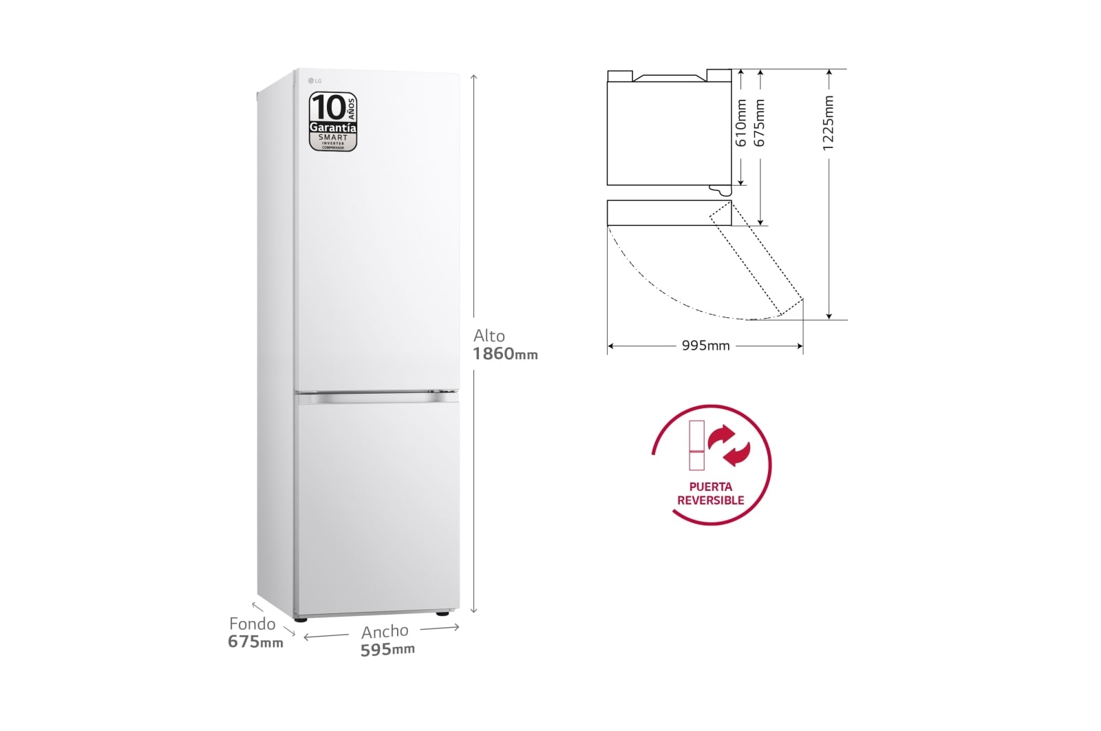 LG Frigorífico Combi Door Cooling+,  1,86m, Clasificación C, capacidad de 374l, blanco. Serie 300, GBV3100CSW vista frontal ladeada, GBV3100CSW