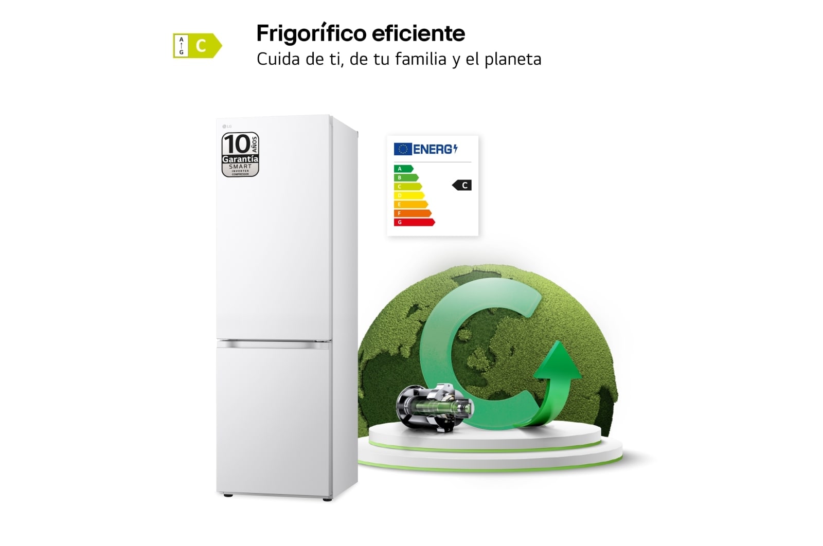 LG Frigorífico Combi Door Cooling+,  1,86m, Clasificación C, capacidad de 374l, blanco. Serie 300, GBV3100CSW vista frontal ladeada, GBV3100CSW