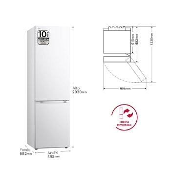 LG Outlet Frigorífico Combi Door Cooling+, 2,03m, Clasificación D, capacidad de 419l, blanco. Serie 300, GBV3200DSW.OUTLET