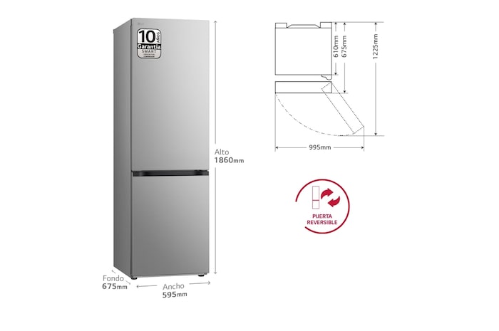 LG SERIE 500  Door Cooling+, 1,86  m, Clasificación D, capacidad de 374 l,  Inox antihuellas, GBV5140DPY vista frontal ladeada, GBV5140DPY