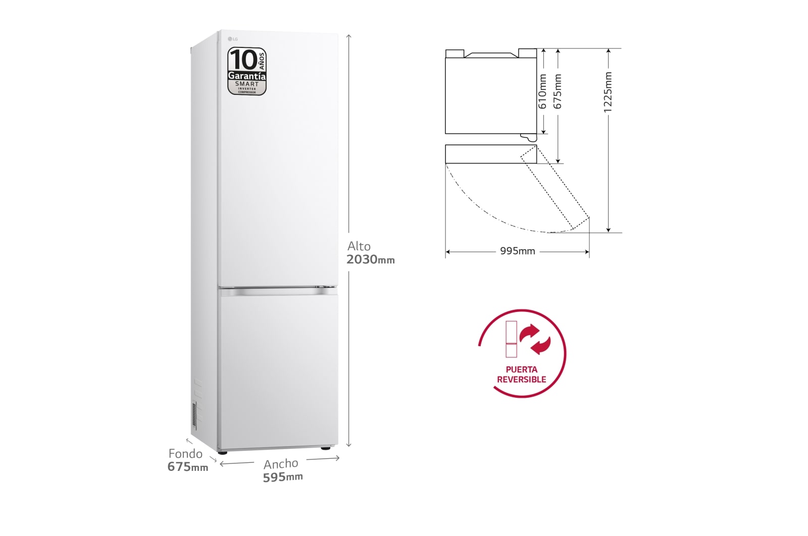 LG Outlet Frigorífico Combi Door Cooling+, 2,03m, Clasificación C, capacidad de 419l, blanco. Serie 500, GBV5240CSW.OUTLET