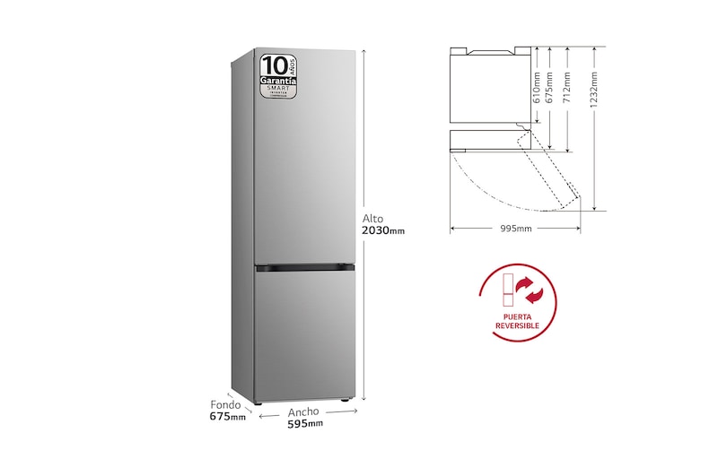 LG Outlet Frigorífico Combi Door Cooling+, 2m, Clasificación D, capacidad de 419l, Inox Antihuellas, Serie 500, GBV5240DPY.OUTLET